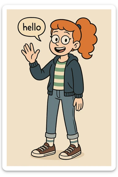A girl Orange curly ponytail white green stripes ddre sshair jacket jeans blue sports striped socks brown converse women's chuck taylor all star shoreline slip on casual shoe wave and say hello sticker