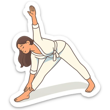 Edit the reference image of the girl to depict her in the triangle yoga pose, preserving her appearance and clothing, in a 2D isometric style with a white background, 512x512px. sticker