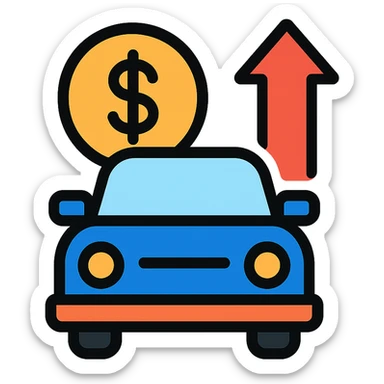 car with a coin and upward arrow, symbolizing profitable vehicle finance sticker