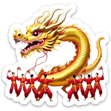 Cinematic Realistic scene of a Chinese Dragon Dance featuring performers energetically holding a vibrant dragon model aloft, with intricately detailed scales and dynamic flowing costumes, illuminated by festive red and gold lighting that captures the spirit of celebration. sticker