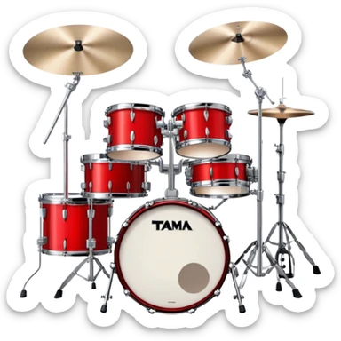 Create a powerful and dynamic emoji representing a TAMA drum kit with two bass drums. The design should feature two prominent bass drums positioned in the center, with snare drums, toms, and cymbals arranged around them. Add drumsticks crossing over the drums to symbolize action and rhythm. Use bold colors like black, silver, and red to emphasize the high-performance nature of the TAMA kit. The background should be transparent. sticker