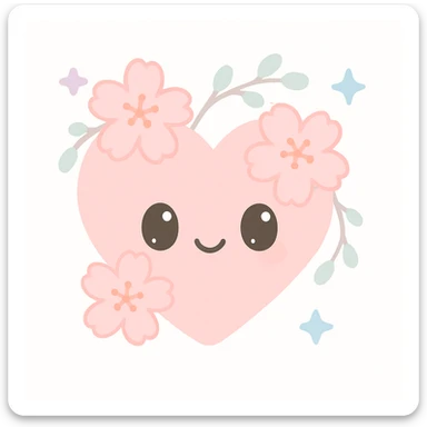 heart with sakura flowers and silver accents, kawaii style sticker