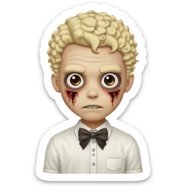 Blonde zombie boy with a white shirt with a bow in his curly hair sticker