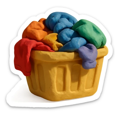 laundry basket filled with colorful clothes, visible fingerprints, soft lighting, claymation style sticker