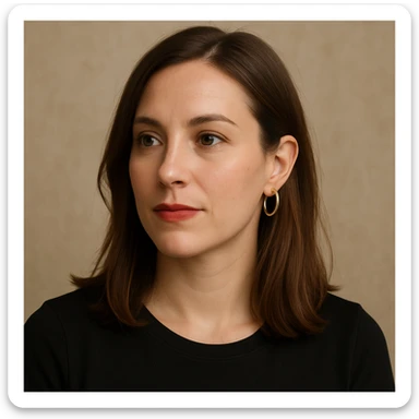 30 year old white woman, shoulder-length hair, brown eyes, left side of hair tucked behind ear, lipstick, hoop earrings, looking to the side, upper body portrait sticker