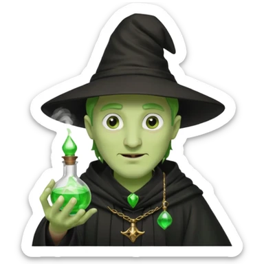 Green-skinned male wizard with a long nose, wearing a black hat and robe, holding a glowing potion bottle sticker