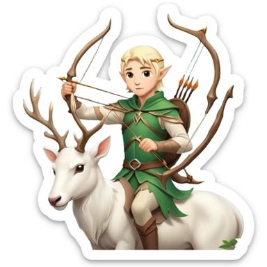 clash-of-clans-aesthetic-blond-male elf-archer-portrait-emoji, rendered in a flat, vector-style with minimal shading and bold holding his bow, simplified shapes, head tilted slightly forward with a determined, focused expression, riding a majestic white stag whose antlers glow with mystical energy, set against an ancient, enchanted forest backdrop. sticker