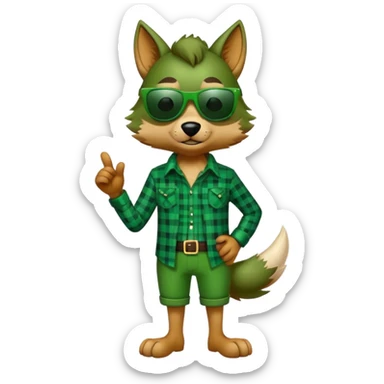 full-body friendly anthropomorphised wolf in green plaid shirt and green attire for St. Patrick's Day, wearing dark sunglasses, festive pose sticker