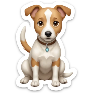 a full body facing front on of a buff white beagle cross jack russell terrier looking dog the size of a kelpie with light brown long ears resting on its face and a light brown patch above one eye and a large snout. the rest of the dog is completely white.  sticker