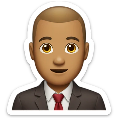 A man with caramel skin with a buzz cut wearing a maroon blazer with a red and yellow tie sticker