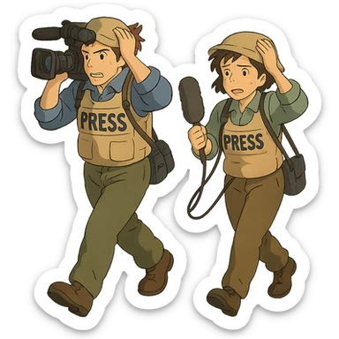  walking from left to right across frame: a cameraman, and a microphone operator, ONLY two people, war correspondents, tense moment, BOTH HOLDING ONTO THEIR HAT! sticker