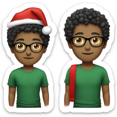 Unisex person ’light skin’ ’short curly dark green hair’ in a ’red Santa hat’ and black tshirt and round glasses  sticker