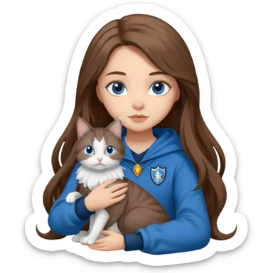 gorgeous Girl with light skin, blue eyes, long brown hair, wears a ravenclaw outfit, with a grey and white cat holding in her arms sticker