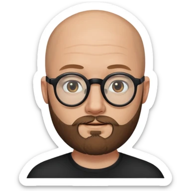 emoji 32-year-old white man, bald with a brown beard, wearing round black glasses sticker