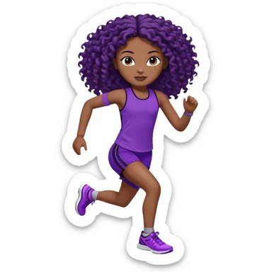 Uma boneca morena escura com olhos castanhos e cabelo cacheado longo até o peito, treinando correndo a roupa top roxo com detalhes preto e short roxo com detalhes preto sticker