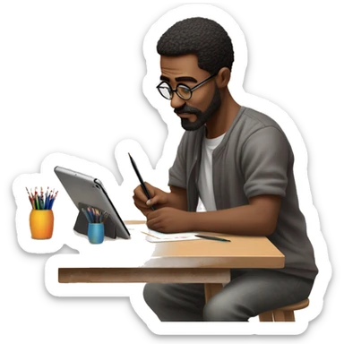 👨‍🎨📱✍️ A creative man is focused, drawing on an iPad with a stylus. He has a look of concentration on his face, using the iPad placed on a table. The background is bright, with art tools like brushes and pencils around him. 🎨 sticker