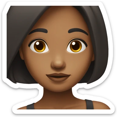 Brown skin girl teen, very black long hair colour, brown eyes, round face shape, sharp nose, lips are small, chubby character, cute face sticker