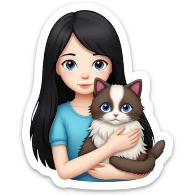 Girl with straight black long hair hugging a colorpoint ragdoll plush toy and a tricolor long-haired cat sticker