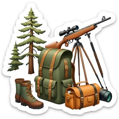 Icon for Hunting Tourism: a hunting rifle, binoculars, and animal tracks in the snow, with a forest background and a hunter’s backpack. The icon should represent the adventure and experience of hunting in nature. Transparent background. sticker