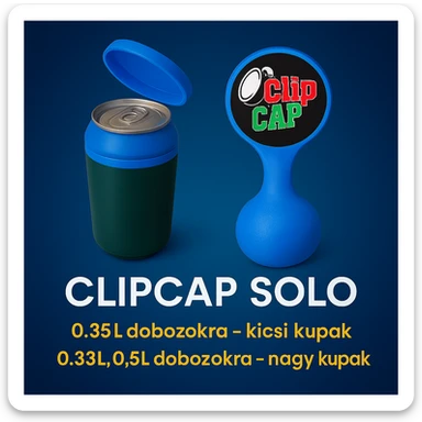 A kupakokat színezd át kékre. A CLIPCAP DUO felírat helyett CLIPCAP SOLO felírat legyen, a "kicsi és nagy kupak a csomagban" szöveg helyett "0.25L dobozokra - kicsi kupak" és a "0.33L,0.5L dobozokra - nagy kupak" külön sorban. A 0.25L, a 0.33L, a 0.5L-t ponttal írd! sticker