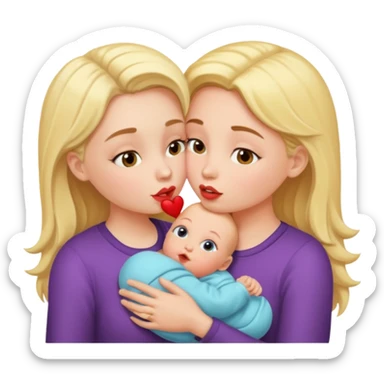 Two girls kissing with a baby sticker