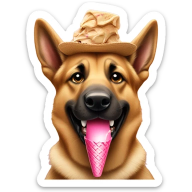 German Shepard in a hat eating an ice cream cone sticker