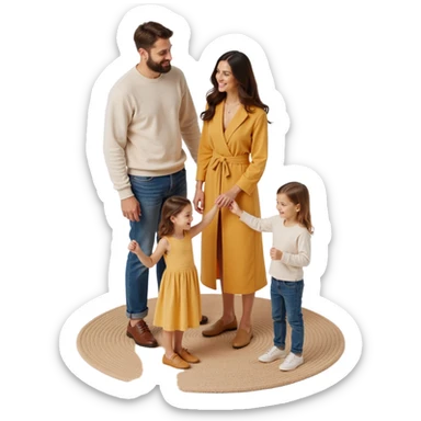 classic family photo with parents and two children standing together, realistic textures, soft lighting, skeuomorphism style sticker