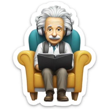 albert einstein happy listening music with wireless headphones while sitting on the chair sticker