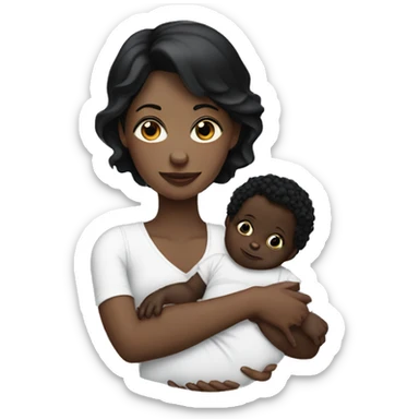 dark haired white lady holding a black baby sticker