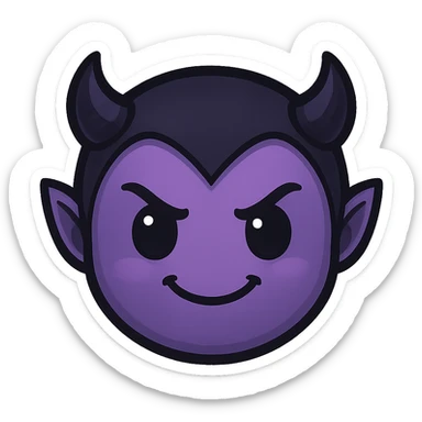 devil emoji in chibi style with gothic palette black and purple, tiny horns, cute but mischievous expression sticker
