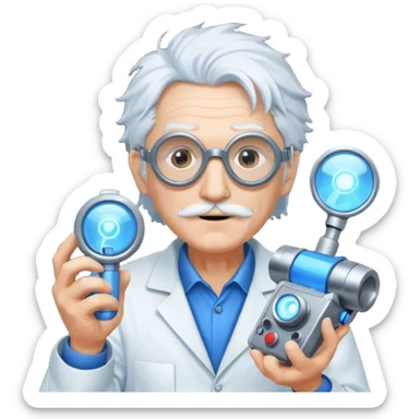 A quirky old inventor with wild white hair, goggles, and a glowing gadget in hand.
 sticker