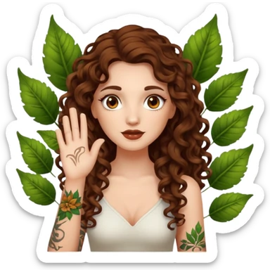 woman with long curly brown hair, brown eyes, white skin, tattoos, sarcastic slow clap made of glowing leaves sticker