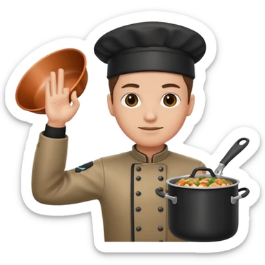 one hand needs to be saluting so right arm saluting , left arm holding cooking item sticker