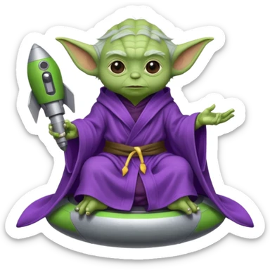 yoda in a purple robe siting in a rocket sticker