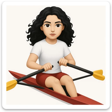 Altındaki tekneyi olimpik kürek sporu için uygun, uzun ve ince yarış teknesi olarak değiştir. Kız siyah uzun dalgalı saçlı, beyaz tenli, kırmızı şort ve beyaz kısa kollu tişörtle olimpik kürek sporu yapıyor sticker