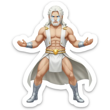 Zeus, whole body, white clothes, long white  hair, lightnings, determined face sticker