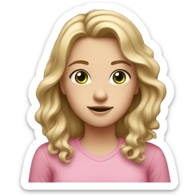 white girl with dirty blonde hair wavy, green eyes, freckles, with a pink shirt on sticker