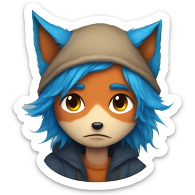 Sad fox being cuddled by blue haired boy in fox mask  sticker