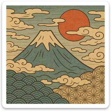 mount fuji with clouds and a red sun, ukiyo-e style sticker