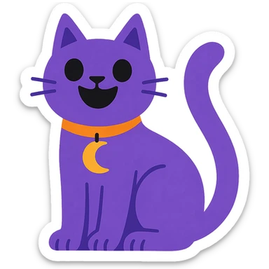 purple cat with black eyes, wide open black smile with no teeth, gold moon pendant, whimsical illustration style sticker