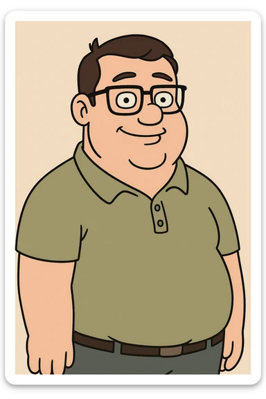 cartoon style male with short dark brown hair, glasses, stocky, greeny blue eyes, friendly expression sticker