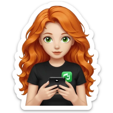 Girl with dark long orange wavy hair, green eyes, and black t-shirt and phone with tiktok app on hands sticker