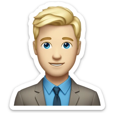 white man with clear skin with fringe up blonde hair style blue eyes and  sticker