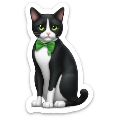 Tuxedo cat with green eyes eating a trest stick sticker