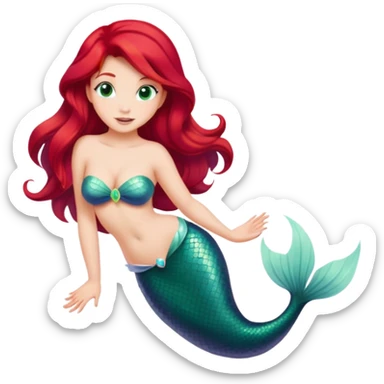 minimal Ariel mermaid with red hair and green tail, extremely simple sticker