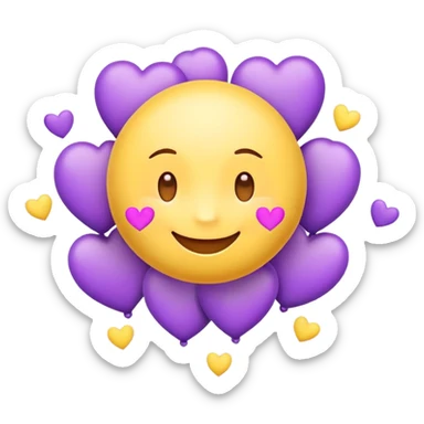 Cute smiling emoji surrounded by floating purple hearts on a soft pastel background." sticker