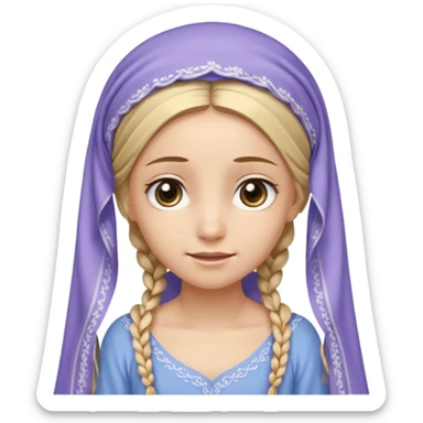 
mujer, Joven, de aspecto dulce y elegante.
Piel clara, ojos grandes y expresivos, sonrisa triste.
Rubio o castaño claro, largo, con trenzas o velo.
Vestido largo de tonos suaves (blanco, azul o lavanda), con bordados dorados; toca fina cubriendo la cabeza
 sticker