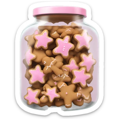 Realistic glass cookie jar with light pink lid full of gingerbread cookies isolated.  sticker