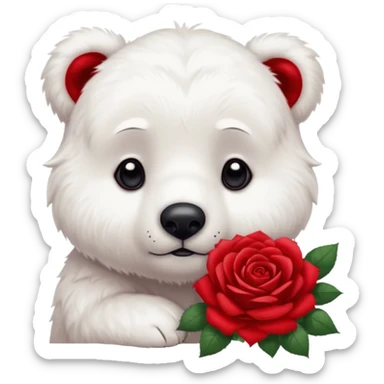 Cute white bear with sad puppy dog eyes holding roses  sticker