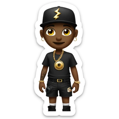 Generate a trendy photographer wearing black short shorts and a black baggy t shirt with a gold chain and a cream SnapBack on  full leg sleeve and arm sleeve tattoos, holding a camera with the flash going off, on a photo production set  sticker